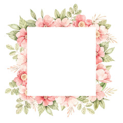 Fototapeta na wymiar Watercolor botanical illustration. Label with Pink dog-rose blossom. Square with gentle rose, bud, branches and green leaves. Perfect for wedding invitations, cards, frames, posters, packing.
