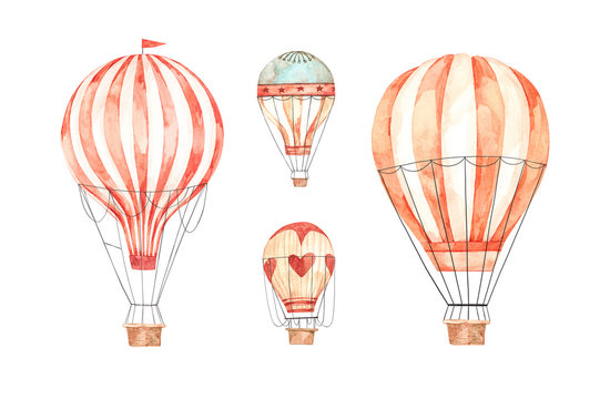 Hand drawn watercolor illustration - hot air balloons in the sky. Collection with retro airship. Perfect for baby prints, children posters, home decor, invitations etc