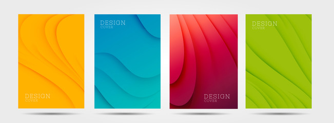 Set of colourful posters with abstract waves graphic in four colours: yellow, red, blue, green