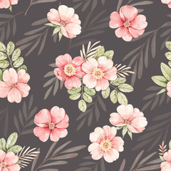 Watercolor botanical Seamless pattern. Background with pink dog-rose blossom (Gentle rose, bud, branches and green leaves). Perfect for wrapping paper, fabric, textile, wedding invitations, packing