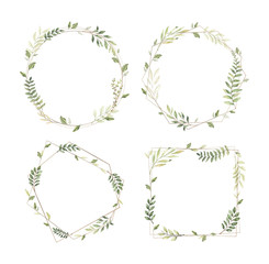 Hand drawn watercolor illustrations. Gold frames with botanical branches and leaves. Greenery. Floral Design elements. Perfect for wedding invitations, cards, prints, posters, packing