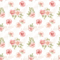Watercolor botanical Seamless pattern. Background with pink dog-rose blossom (Gentle rose, bud, branches and green leaves). Perfect for wrapping paper, fabric, textile, wedding invitations, packing