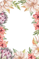 Watercolor botanical illustration. Frame with autumn florals. Border with gentle rose, red flowers, artichoke, branches and leaves. Perfect for wedding invitations, cards, frames, posters, packing