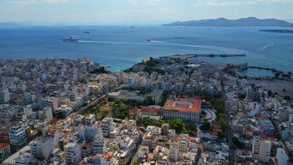 Aerial drone photo of famous area of Piraeus featuring busy port, Attica, Greece