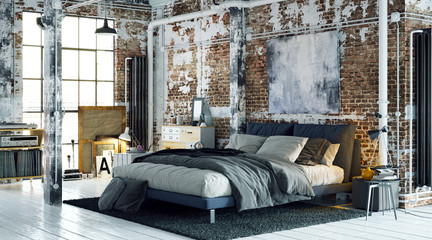 Old vintage industrial bed in loft apartment with brick walls