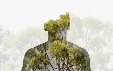 Double exposure silhouette head portrait of a thoughtful man combined with photograph of forest...