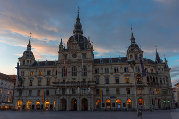 The Rathaus (town hall) before sunrise, in Graz, Styria region, Austria. Built in Renaissance style in 1565, is the home to the Styrian provincial government.