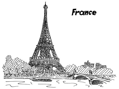 Sketch of France Paris Eiffel Tower near the river color