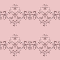 Baroque silver elements ornamental seamless pattern. Watercolor hand drawn gold element texture on pink background.