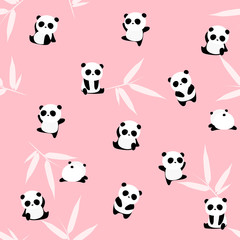 Cute cartoon panda bear seamless pattern, animals on background with bamboo leaf, for kids