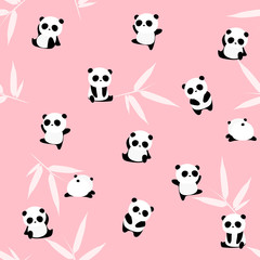 Fototapeta premium Słodki miś panda kreskówka wzór, zwierzęta na tle z liści bambusa, dla dzieci