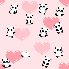 Cute cartoon panda bear seamless pattern, romantic animal background, for kids, for Valentine’s day