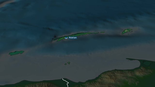 Islas de la Bah&iacute;a - department of Honduras with its capital zoomed on the physical map of the globe. Animation 3D