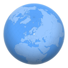 Latvia on the globe. Earth centered at the location of the Republic of Latvia. Map of Latvia. Includes layer with capital cities.