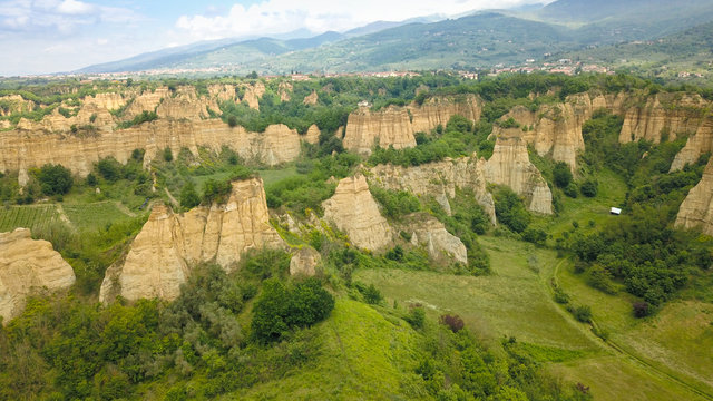 Aerial view of Le Balze canyon landscape in Valdarno, Italy