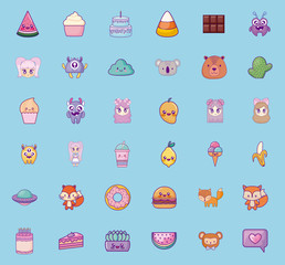 cute set icons style kawaii