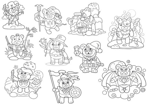cartoon cute teddy bears, set of images, coloring book