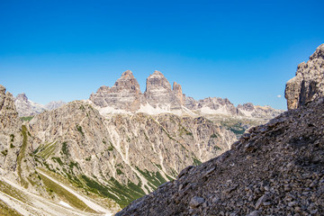 View of the Dolomite mountains of the Tre Cime Lavaredo at the Fratelli Fonda Savio refuge, Belluno - Italy