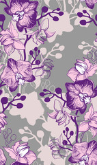 Obraz premium Vector floral seamless pattern with orchids hand drawn flowers. Tropical botanical floristic manual graphic. Perfect for floristic design postcard, wallpaper, posters, textile, fabric.