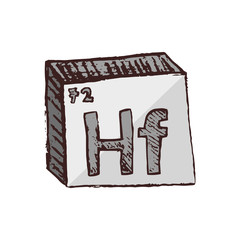 Vector three-dimensional hand drawn chemical silvery gray symbol of metal hafnium with an abbreviation Hf from the periodic table of the elements isolated on a white background.