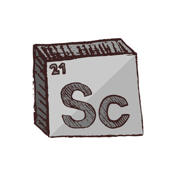 recommend clip art: Vector three-dimensional hand drawn chemical silvery white symbol of rare-earth metal scandium with an abbreviation Sc from the periodic table of the elements isolated on a white background.