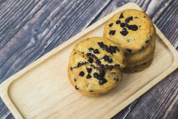 Soft chocolate chip Cookies nutella on the Wooden plate,wood table blackground