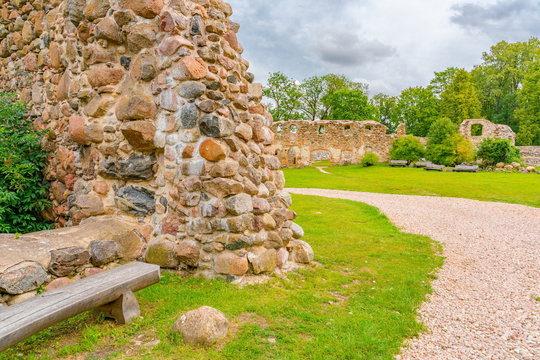 Ancient Ruins Of A Knight's Castle In Dobele, Latvia. Livonia Order.