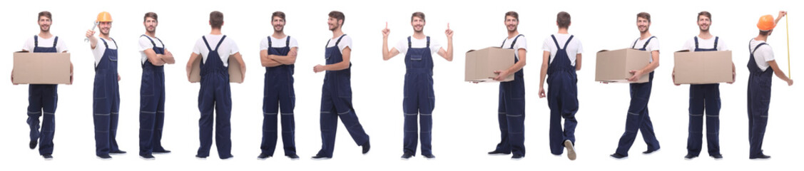Fototapeta premium panoramic collage of skilled handyman isolated on white