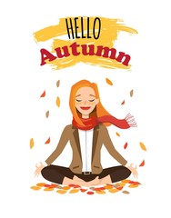 Vector illustration character design beautiful girl with scarf and word hello autumn. Young woman doing yoga in autumn park