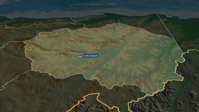Olancho - department of Honduras with its capital zoomed on the physical map of the globe. Animation 3D