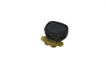 classic black purse with coins on White isolated background