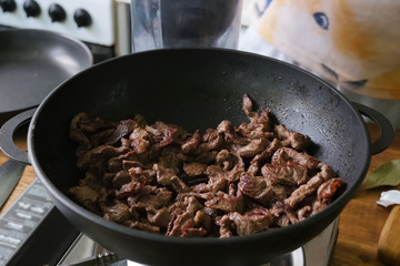 Roasted pork meat in a pan. pork