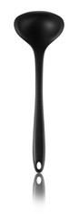 Black plastic and silicone kitchen deep ladle on white