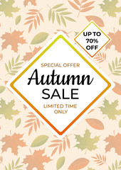 Autumn sale banner. Special offer, limited time only, up to 70% off. Fall leaves pattern background.