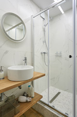 bathroom in bright colors with a white sink