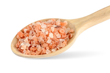 Fototapeta na wymiar Wooden spoon with large crystals of pink himalayan salt isolated on a white background. Himalayan salt is used in cooking, medicine and cosmetology.