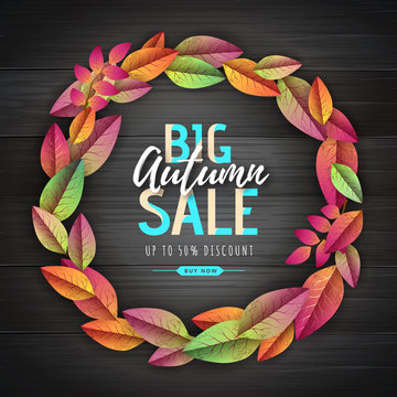 Autumn big sale typography poster with autumn leaves wreath. Nature concept