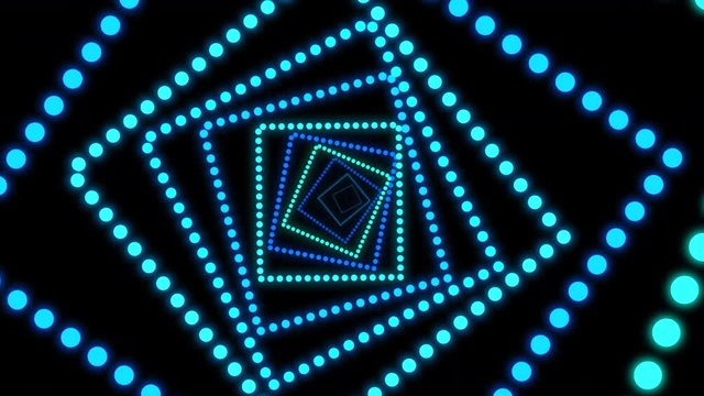 Geometric blue glitter neon shining square emission kaleidoscope effect black background, flying spot vortex looping dot quadrate eddy launch spread, club show party intro, opening title, screensaver