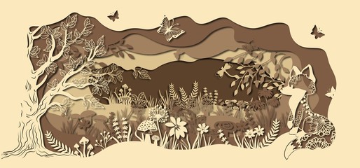 Template fox on glade for to cut with a laser from paper. Line with mushrooms, grass, and butterflies, wood and flowers. For decoration and design. Template for laser cutting and Plotter. Vector illus