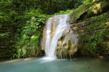 Blue waterfall in green trees. puddle. sun and nature.