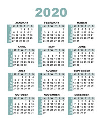 Calendar 2020. Week starts with sunday. Vector illustration.