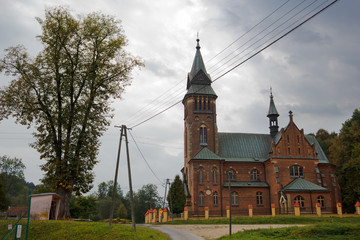 Neo-Gothic Church of St. Michael the Archangel. Zeleznikowa Wielka, Nawojowa. Poland.
