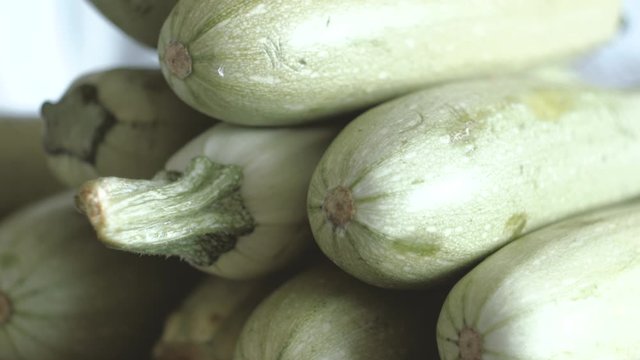 Fresh white farm zucchini are on the ceramic dish in commercial kitchen.