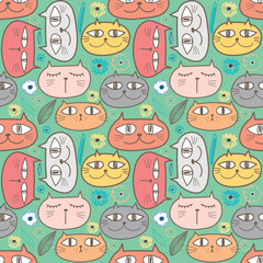 Cute cat seamless pattern background. Vector illustration for fabric and gift wrap design.