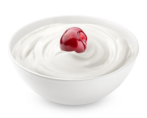 cherry with sour cream, yogurt, isolated on white background, clipping path, full depth of field