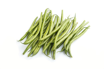 Bunch of green french beans isolated on white background. side view.