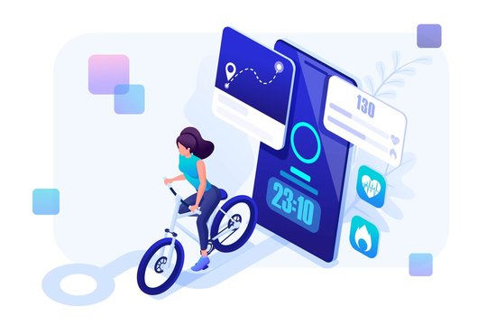 Isometric concept mobile app to track your workouts, girl running. Header concept. Concept for web design