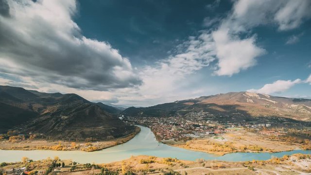 Mtskheta Georgia. Top View Skyline Of Ancient Town Located At Valley Of Confluence Of Rivers Mtkvari Kura, Aragvi In Picturesque Highlands