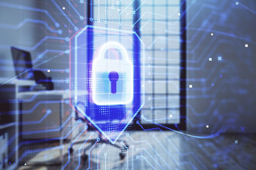 lock sign hologram with minimalistic cabinet interior background. Double exposure. Data security concept.
