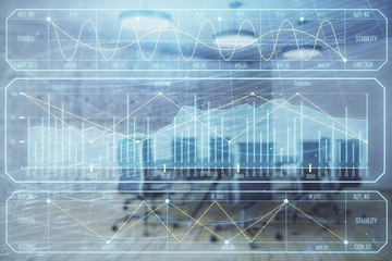 Multi exposure of stock market graph on conference room background. Concept of financial analysis